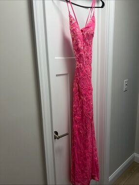 La Femme Hot Pink Embroidered Prom Gown
